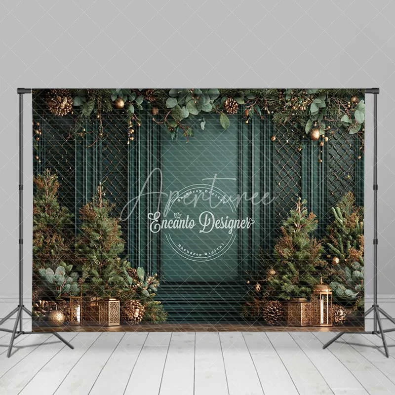 Aperturee - Aperturee Vintage Green Wall Christmas Backdrop Gold Lattice Lanterns Photography Background