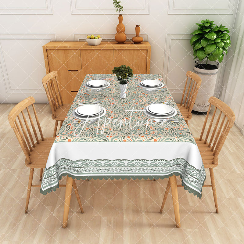 Aperturee - Aperturee Vintage Gren Floral White Edging Rectangle Tablecloth