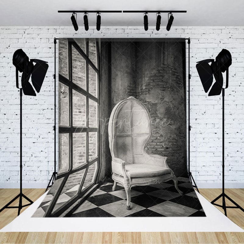 Aperturee - Aperturee Vintage Grey Royal Chair Window Photography Backdrop