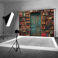 Aperturee - Aperturee Vintage Library Book Backdrop Old Study Room Blue Door Photography Background Antique Bookshelf Photo Booth Prop