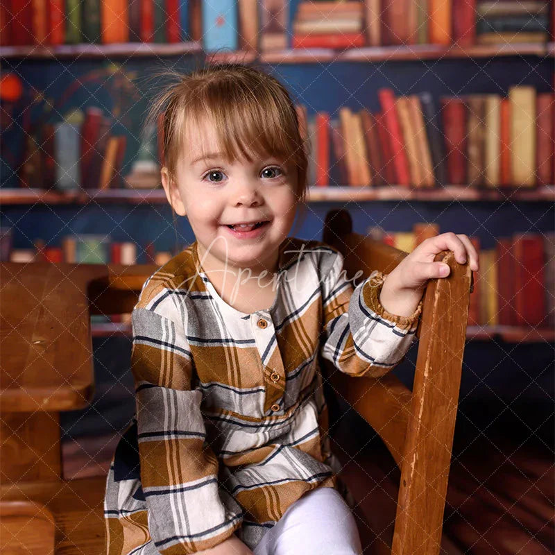 Aperturee - Aperturee Vintage Library Book Backdrop Old Study Room Blue Door Photography Background Antique Bookshelf Photo Booth Prop