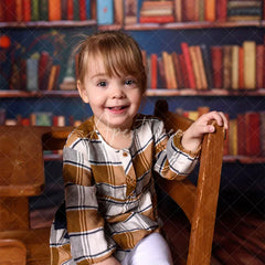 Aperturee - Aperturee Vintage Library Book Backdrop Old Study Room Blue Door Photography Background Antique Bookshelf Photo Booth Prop