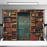 Aperturee - Aperturee Vintage Library Book Backdrop Old Study Room Blue Door Photography Background Antique Bookshelf Photo Booth Prop
