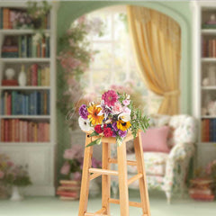 Aperturee - Aperturee Vintage Library Wedding Photography Backdrop Romantic Bookshelf with Flowers Light Academia Themed Photo Prop