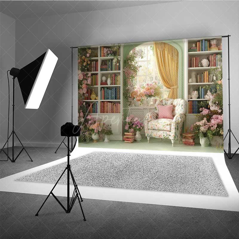 Aperturee - Aperturee Vintage Library Wedding Photography Backdrop Romantic Bookshelf with Flowers Light Academia Themed Photo Prop