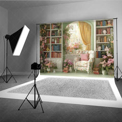 Aperturee - Aperturee Vintage Library Wedding Photography Backdrop Romantic Bookshelf with Flowers Light Academia Themed Photo Prop
