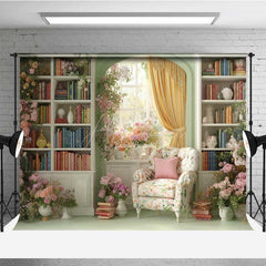 Aperturee - Aperturee Vintage Library Wedding Photography Backdrop Romantic Bookshelf with Flowers Light Academia Themed Photo Prop