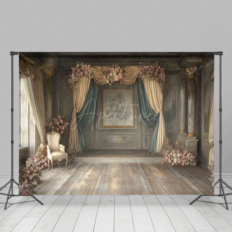 Aperturee - Aperturee Vintage Medieval Room Floral Wedding Photo Backdrop