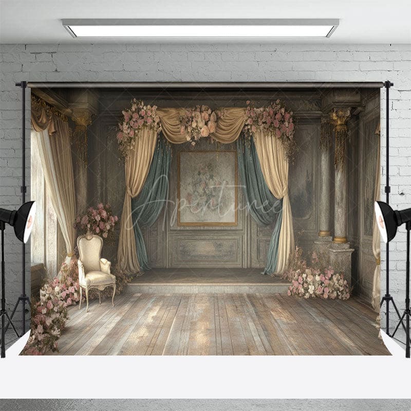 Aperturee - Aperturee Vintage Medieval Room Floral Wedding Photo Backdrop