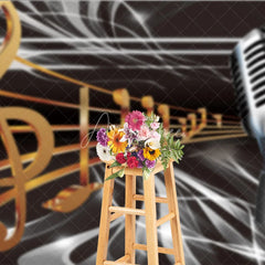 Aperturee - Aperturee Vintage Microphone Backdrop Music Theme Golden Notes Party Supplies for Singing Stage