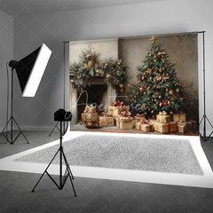 Aperturee - Aperturee Vintage Oil Painting Christmas Backdrop Classic Tree Gift Box Background Antique Fireplace Holiday Portrait Prop