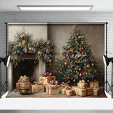 Aperturee - Aperturee Vintage Oil Painting Christmas Backdrop Classic Tree Gift Box Background Antique Fireplace Holiday Portrait Prop