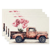 Aperturee - Aperturee Vintage Orange Truck Heart Balloon Set of 4 Placemats Romantic Rose Decoration Rustic Valentine Table Mat