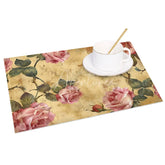 Aperturee - Aperturee Vintage Pink Rose and Green Leaves Set of 4 Placemats for Cottage and Farmhouse Spring Table Decor