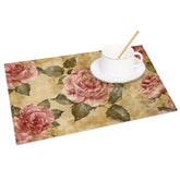 Aperturee - Aperturee Vintage Pink Rose Botanical Floral Set of 4 Placemats for Shabby Chic Wedding and Tea Party Decor