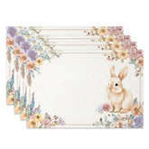 Aperturee - Aperturee Vintage Purple Floral Rabbit Set of 4 Placemats Easter Bunny Spring Table Mats for Dining Room