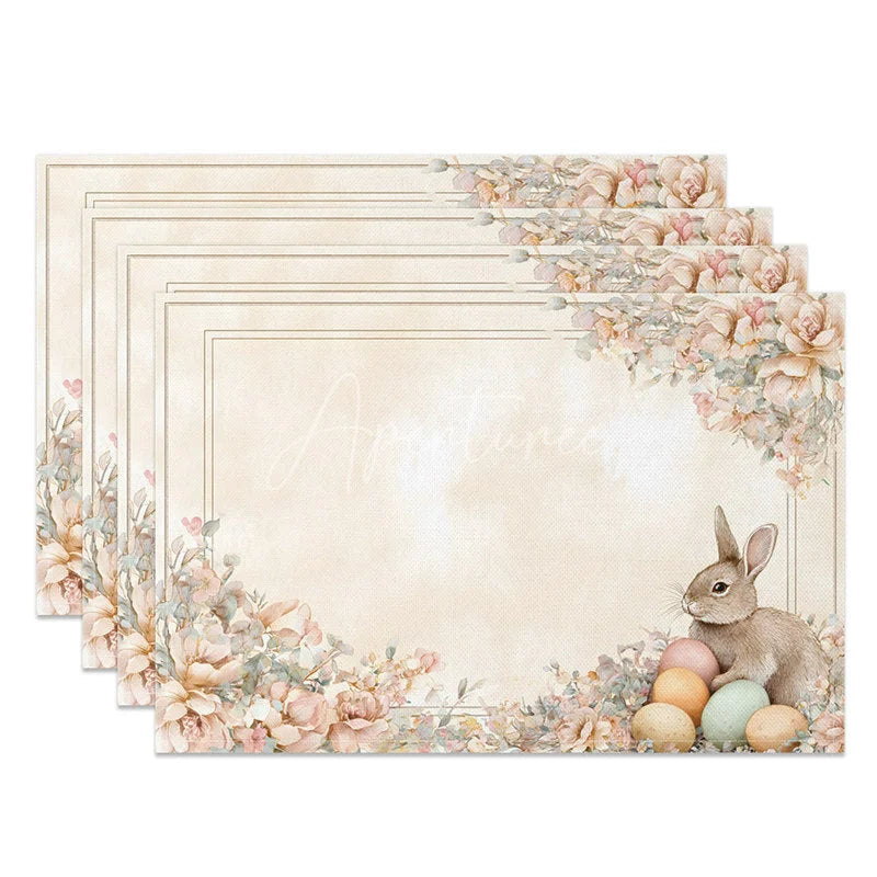 Aperturee - Aperturee Vintage Rose Easter Bunny Set of 4 Placemats Pink Floral Rabbit Egg Table Mats for Spring