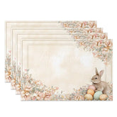 Aperturee - Aperturee Vintage Rose Easter Bunny Set of 4 Placemats Pink Floral Rabbit Egg Table Mats for Spring