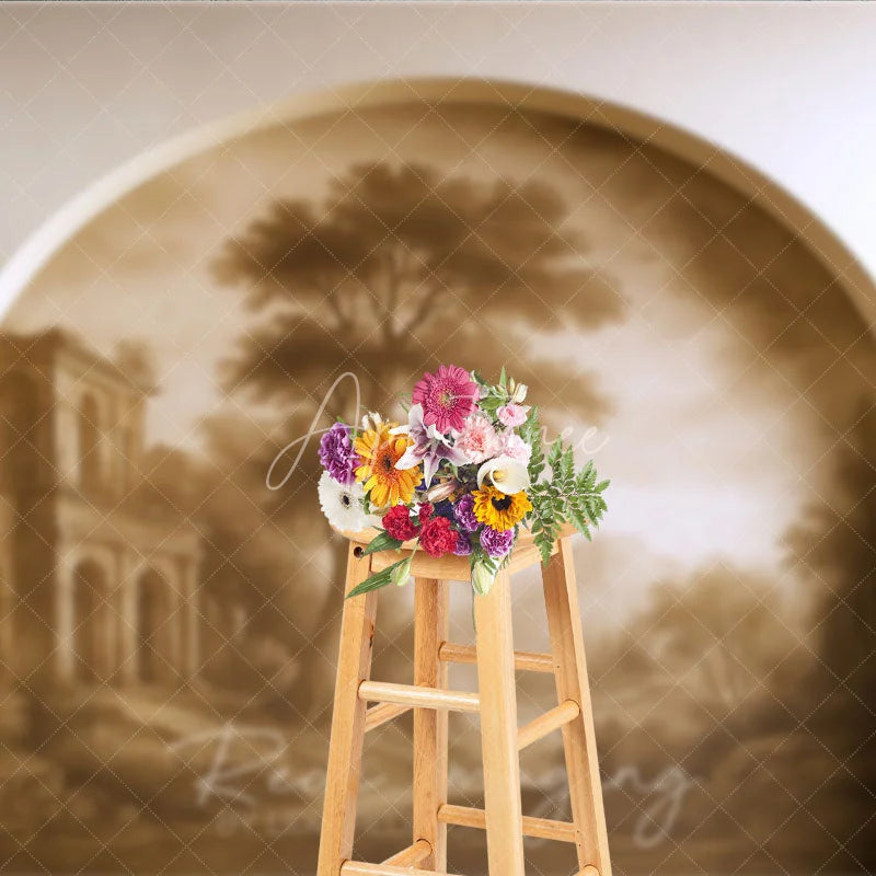 Aperturee - Aperturee Vintage Sepia Landscape Photography Backdrop with Arched Frame Classical Ruins and Misty Trees for Studio Portraits