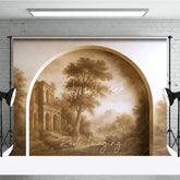 Aperturee - Aperturee Vintage Sepia Landscape Photography Backdrop with Arched Frame Classical Ruins and Misty Trees for Studio Portraits