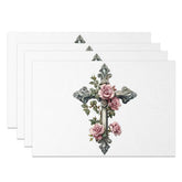 Aperturee - Aperturee Vintage Silver Cross Set of 4 Placemats Pink Rose Floral Religious Table Mats Baptism Christening Dining Decor