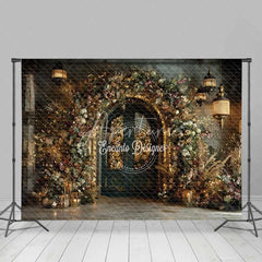 Aperturee - Aperturee Vintage Stone Arch Christmas Backdrop Hanging Lantern Floral Photography Background