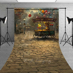 Aperturee - Aperturee Vintage Street Scene Sweep Backdrop Autumn Balloon Cart Cobblestone Photo Background