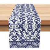 Aperturee - Aperturee Vintage Table Runner with Blue and White Floral Toile Pattern for French Country and Farmhouse Decor