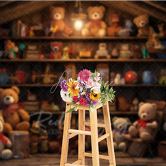 Aperturee - Aperturee Vintage Toy Shop Birthday Cake Smash Backdrop Rustic Wooden Shelves Teddy Bear Background Kids Photography