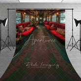 Aperturee - Aperturee Vintage Train Journey Sweep Backdrop Red Seats Carpet Runner Snowy Window Interior Photo Background