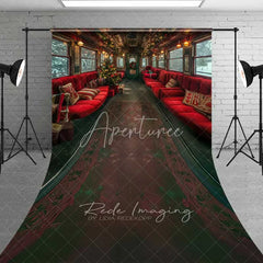 Aperturee - Aperturee Vintage Train Journey Sweep Backdrop Red Seats Carpet Runner Snowy Window Interior Photo Background
