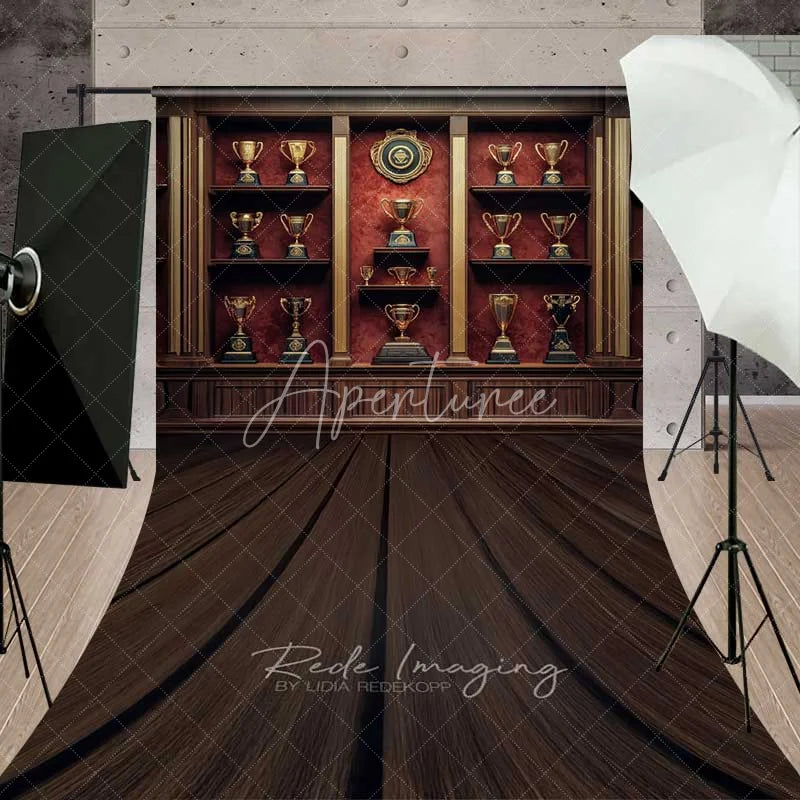 Aperturee - Aperturee Vintage Trophy Cabinet Shelf Sweep Photography Backdrop Gold Cup Champion Award Wood Floor Photo Prop