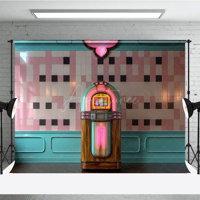 Aperturee - Aperturee Vintage Turquoise Jukebox Pink Tile Photo Backdrop