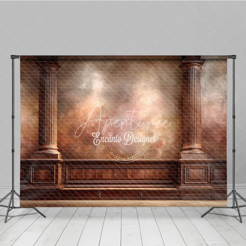 Aperturee - Aperturee Vintage Wall Photography Backdrop Ornate Wood Columns with Textured Wall Fine Art Portrait Background