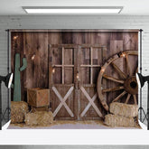 Aperturee - Aperturee Vintage Western Barn Hay Wood Wheel Door Backdrop