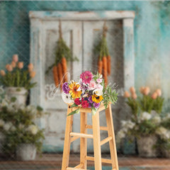 Aperturee - Aperturee Vintage White Door Easter Photography Backdrop Hanging Carrots and Potted Spring Tulips Studio Background