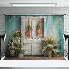 Aperturee - Aperturee Vintage White Door Easter Photography Backdrop Hanging Carrots and Potted Spring Tulips Studio Background