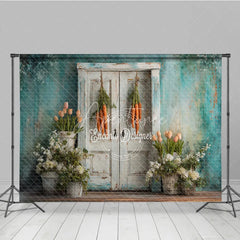 Aperturee - Aperturee Vintage White Door Easter Photography Backdrop Hanging Carrots and Potted Spring Tulips Studio Background