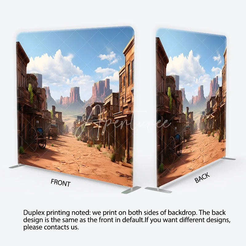 Aperturee - Aperturee Vintage Wild West Town Square Double-Sided Backdrop Desert Landscape with Rustic Buildings