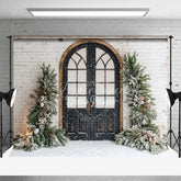 Aperturee - Aperturee Vintage Winter Door Backdrop Black Arched Grid Window Snowy Greenery White Brick Wall Photo Background