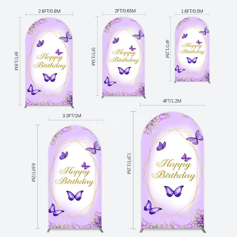 Aperturee - Aperturee Violet Floral Butterfly Happy Birthday Arch Backdrop