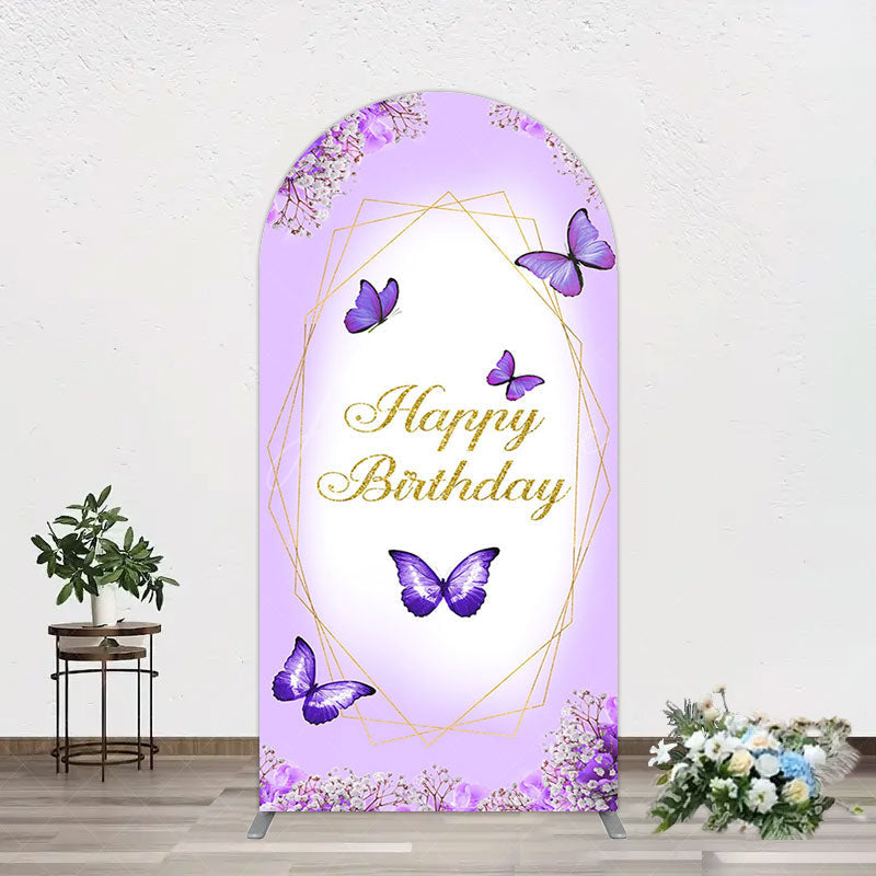 Aperturee - Aperturee Violet Floral Butterfly Happy Birthday Arch Backdrop