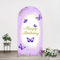 Aperturee - Aperturee Violet Floral Butterfly Happy Birthday Arch Backdrop