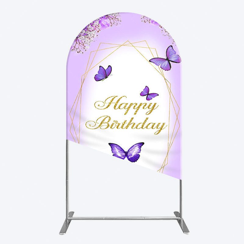Aperturee - Aperturee Violet Floral Butterfly Happy Birthday Arch Backdrop