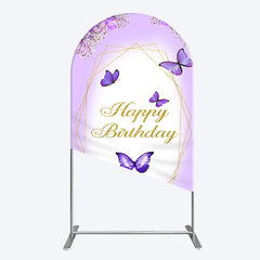 Aperturee - Aperturee Violet Floral Butterfly Happy Birthday Arch Backdrop