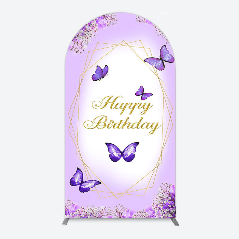 Aperturee - Aperturee Violet Floral Butterfly Happy Birthday Arch Backdrop