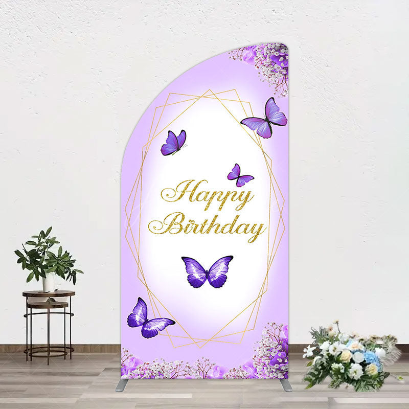 Aperturee - Aperturee Violet Floral Butterfly Happy Birthday Half Moon Arch Backdrop