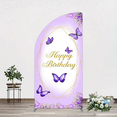 Aperturee - Aperturee Violet Floral Butterfly Happy Birthday Half Moon Arch Backdrop