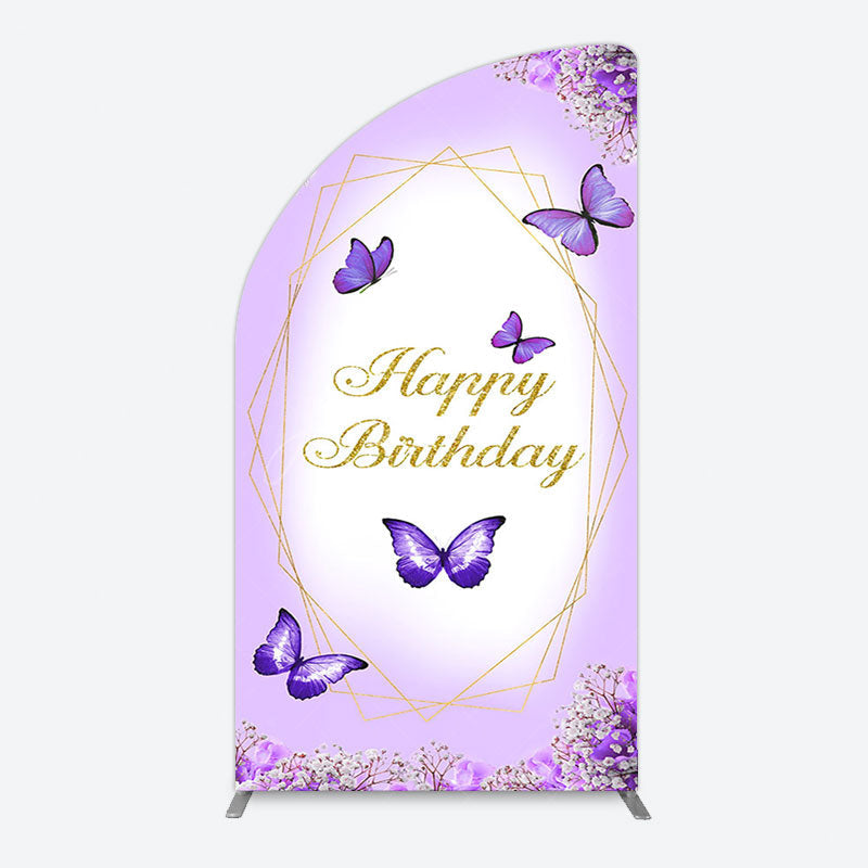 Aperturee - Aperturee Violet Floral Butterfly Happy Birthday Half Moon Arch Backdrop