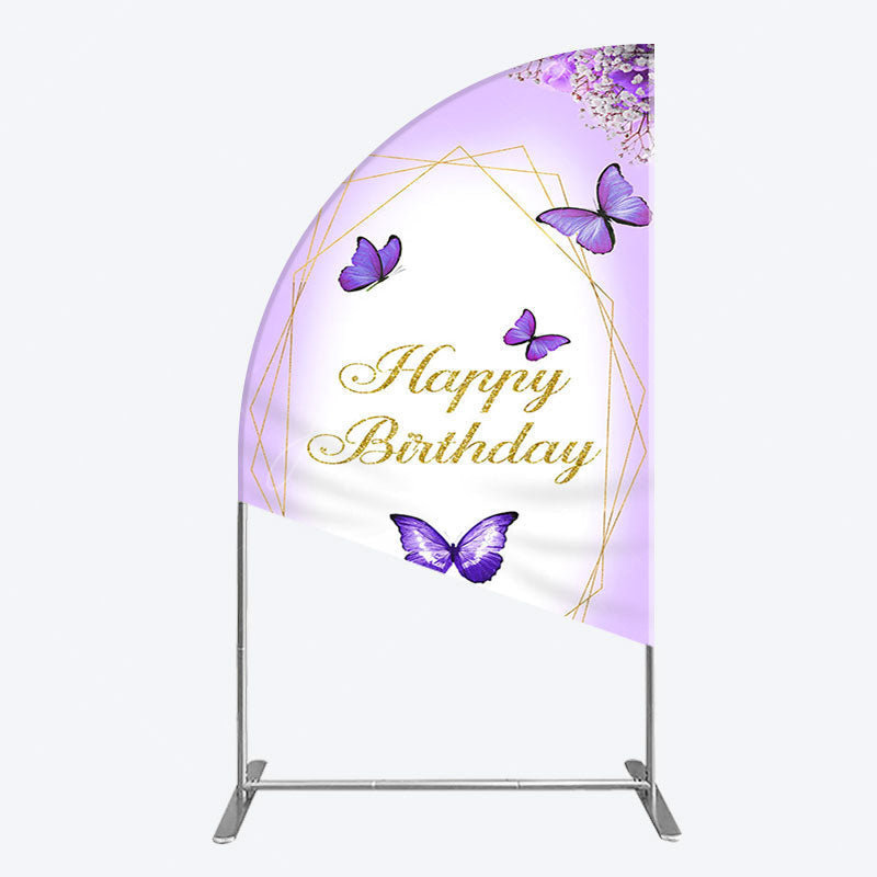 Aperturee - Aperturee Violet Floral Butterfly Happy Birthday Half Moon Arch Backdrop